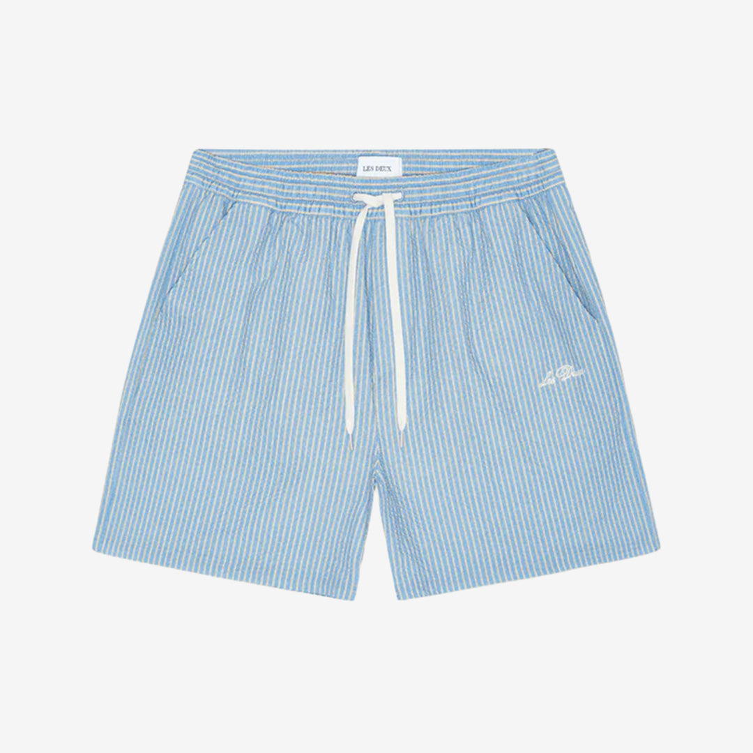 Stan Stripe Seersucker Swim Shorts i Allure Blue med randigt seersuckermaterial och elastisk midja