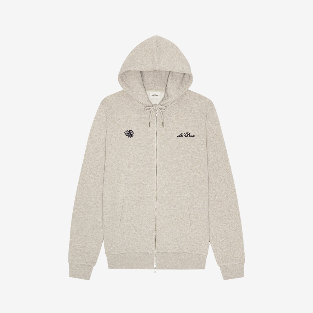 Les Deux Deux Zipper Hoodie i Light Sand Melange med dragkedja, tillverkad i ekologisk bomull och klassisk passform.