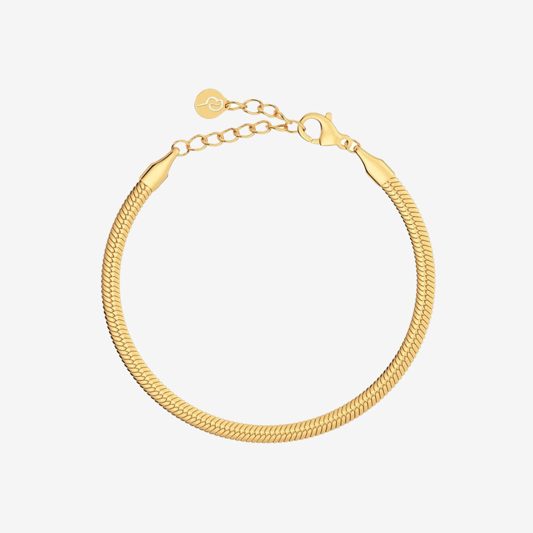 Herringbone Armband i blank 14K guldplätering, platt kedja, bredd 3 mm, justerbar längd 15,5+3 cm