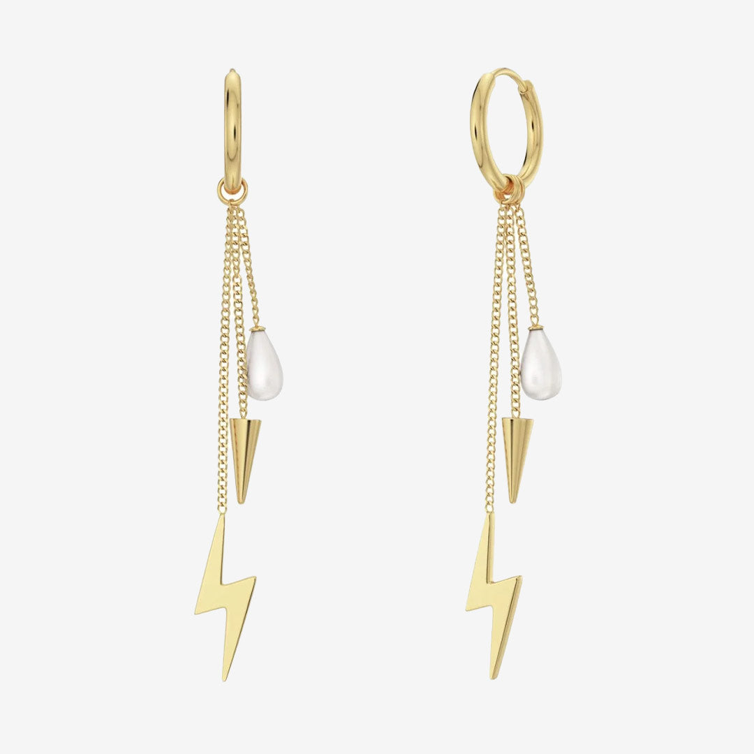 Peak Hoops Multi Gold örhänge i blank 14K guldplätering med hängande nit, pärla och blixt