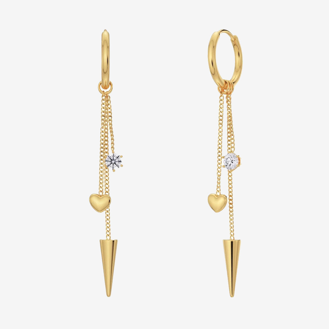 Peak Hoops Multi Heart Gold örhänge i guldfärgat rostfritt stål med nit, hjärta och klar sten, avtagbara kedjor