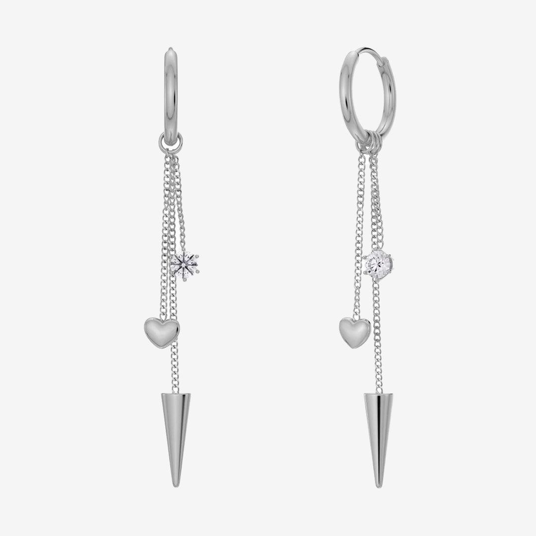 Peak Hoops Multi Heart örhänge i blankt rostfritt stål med nit, hjärta och klar sten, avtagbara kedjor