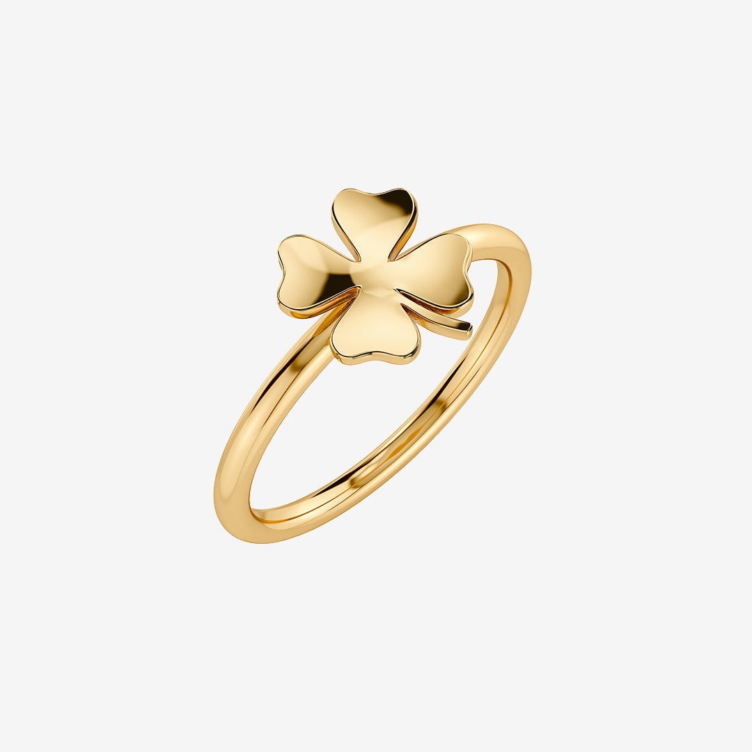 Lucky Mini Ring Gold ring i guldpläterat rostfritt stål med fyrklöver på tunn kedja