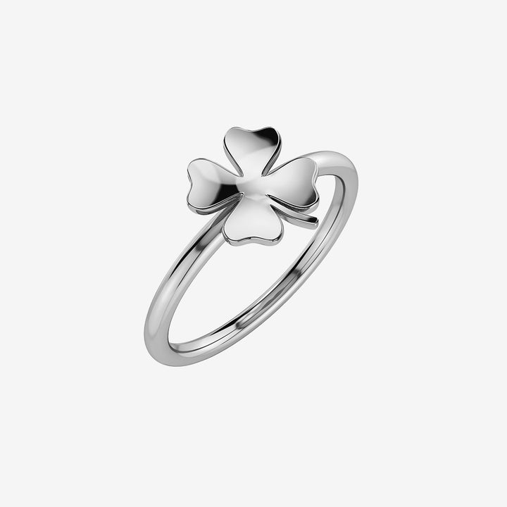 Lucky Mini Ring Steel ring i blankt rostfritt stål med fyrklöver på tunn kedja