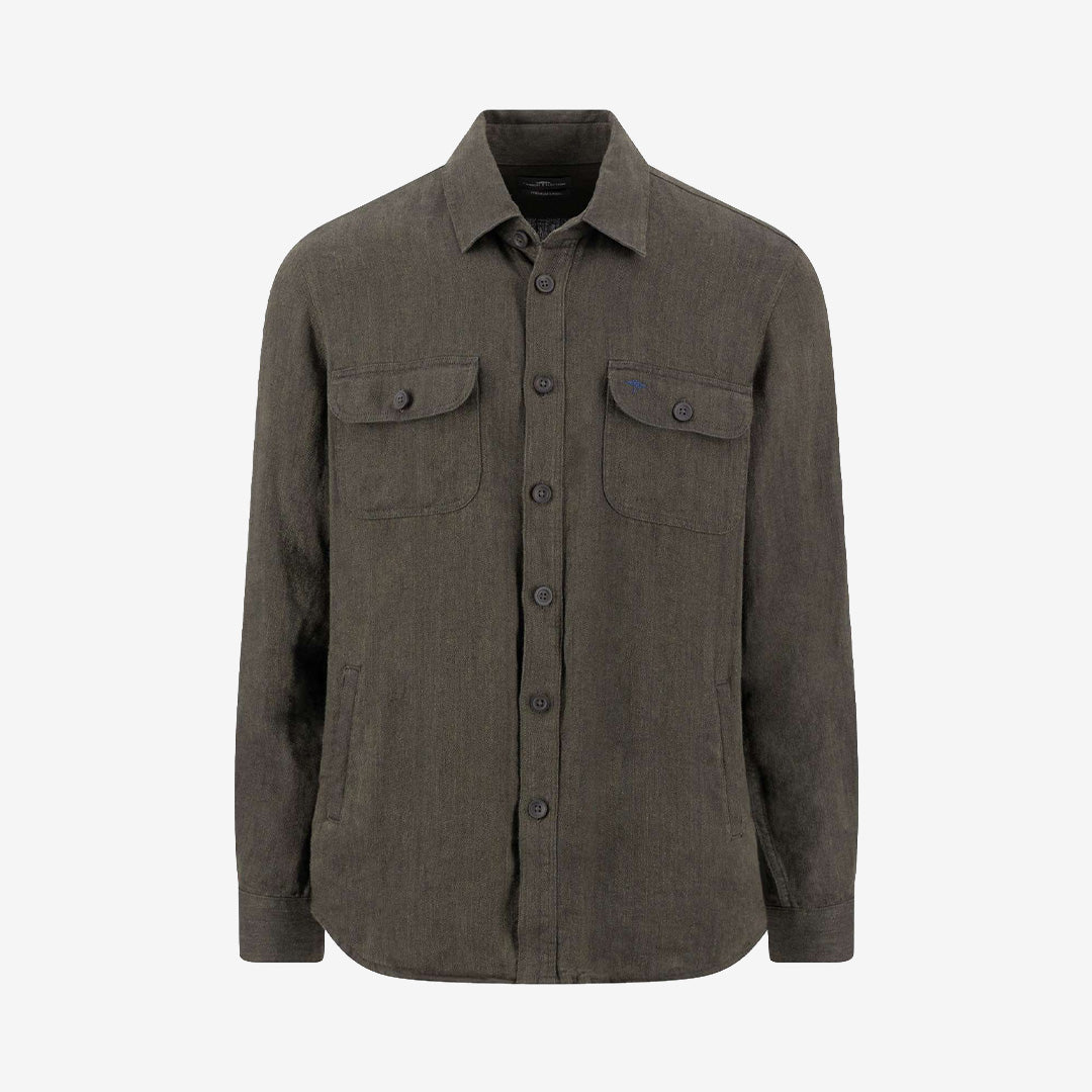 Fynch-Hatton Herringbone Linen Overshirt Dark Khaki herr i linneblandning