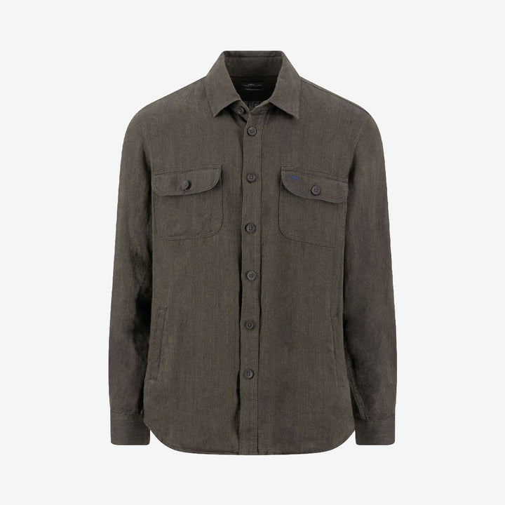 Fynch-Hatton Herringbone Linen Overshirt Dark Khaki herr i linneblandning