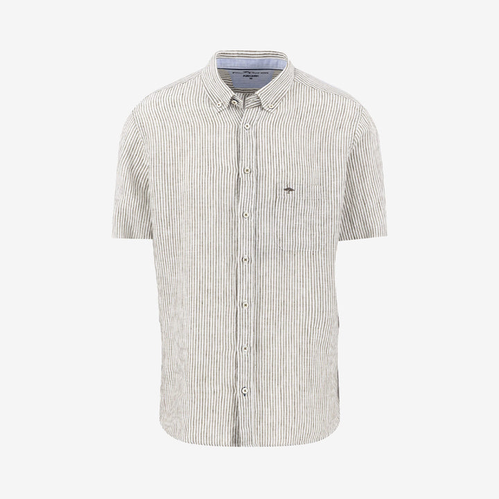 Fynch-Hatton Linen Stripe Shirt dark khaki kortärmad linneskjorta herr
