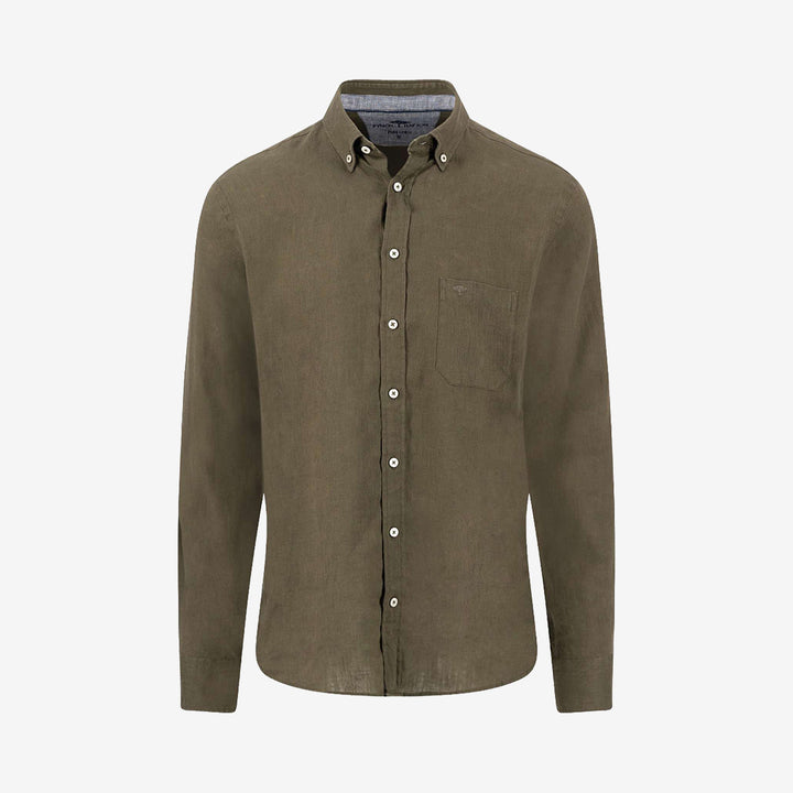 Premium Linen, B.D., 1/1 långärmad linneskjorta från Fynch-Hatton i dark khaki med button-down krage