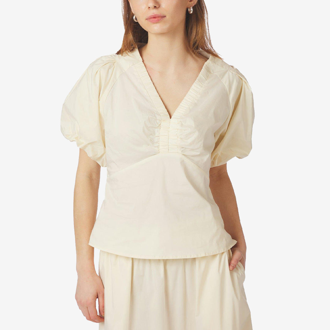 Neo Noir poplin blus butter yellow med figursydd passform och dekorativ ringning