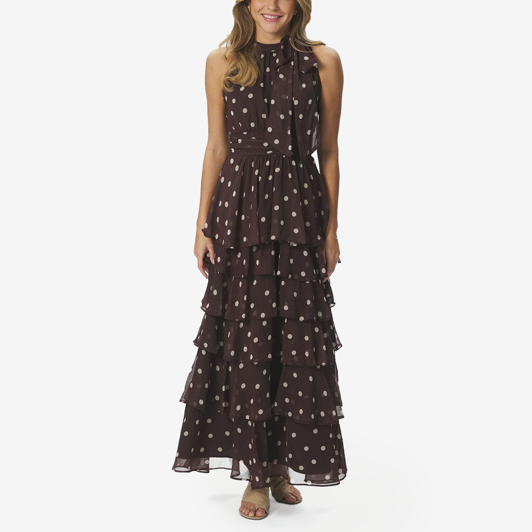 Neo Noir Marli Big Dot Dress brown lång prickig klänning för dam med knyt i nacken