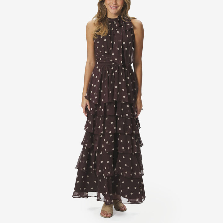 Neo Noir Marli Big Dot Dress brown lång prickig klänning för dam med knyt i nacken