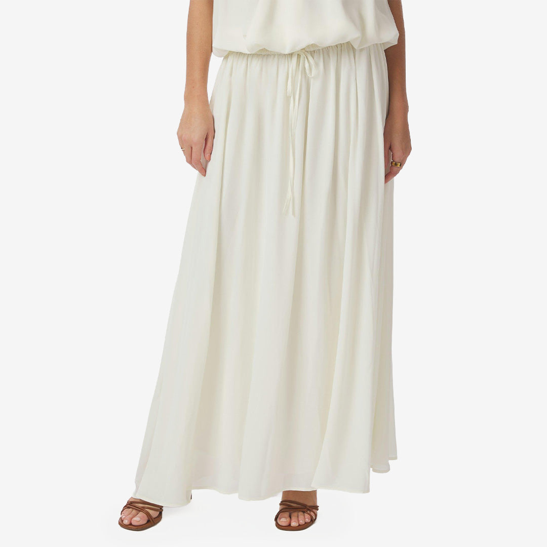 Offwhite lång chiffongkjol med snörning i midjan och mjukt fall, Sabria Chiffon Skirt