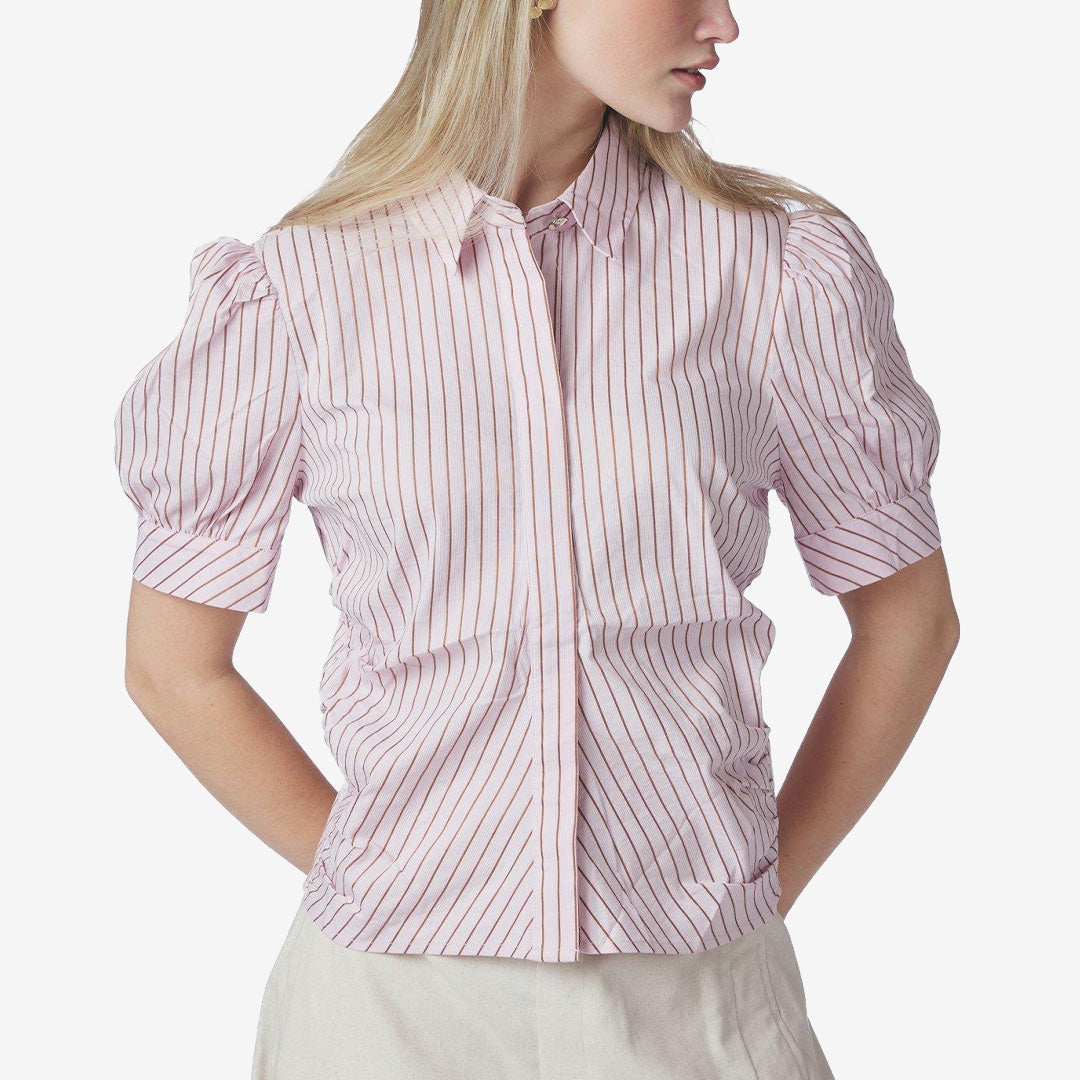 Ljusrosa figursydd skjorta med puffärmar och klassisk krage, Frannie Structure Stripe Shirt