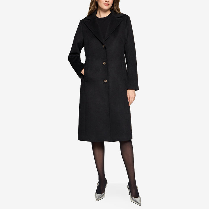 Rock & Blue Delta Coat lång ullkappa för dam i Black med rak passform och klassisk slagkrage.