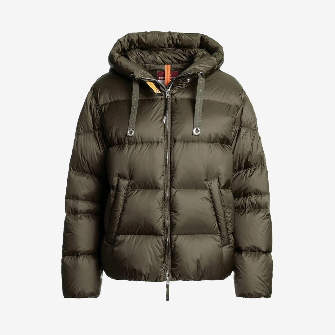 Kort Tilly dunjacka i Olive Grey med huva och modern passform från Hollywood-kollektionen