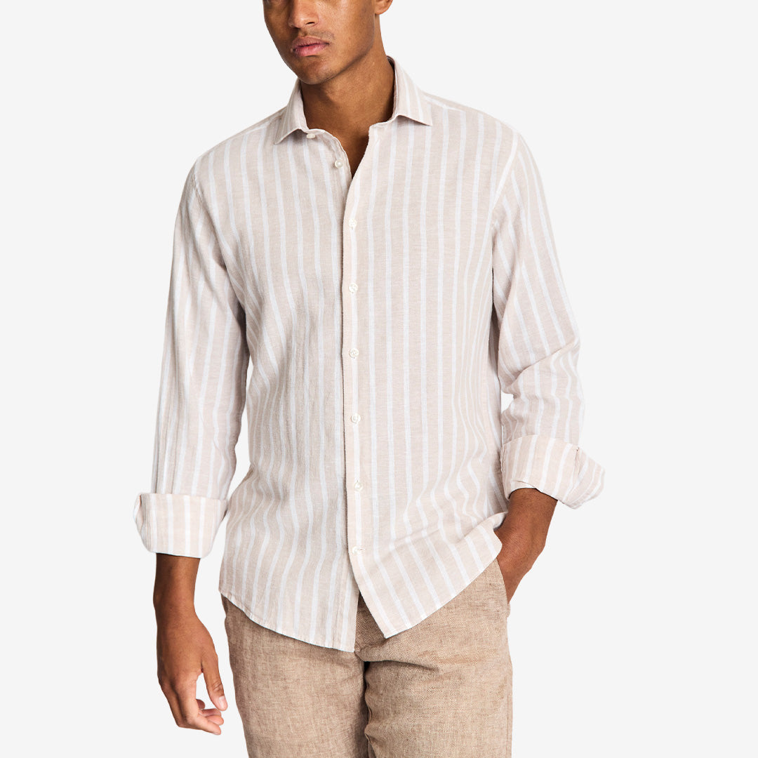 Burgos Casual Modern Fit Shirt i sand/vit – randig linneskjorta för herr med modern fit