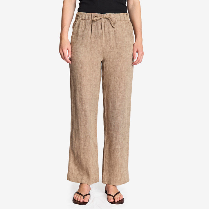 Bruna casual byxor Betty i 100% linne med dragsko och framfickor