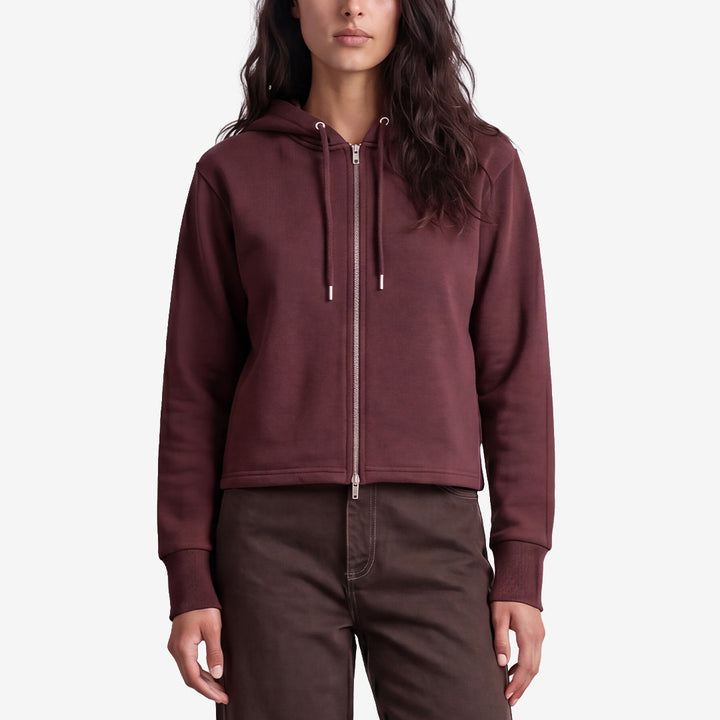 Levete Room 301631 LR-NUKA 9 hoodie i Bitter Chocolate med dragkedja och huva för dam
