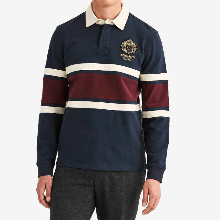 Morris Harold Rugger i Old Blue, klassisk ruggertröja i 100 % bomull med krage och sportig design.