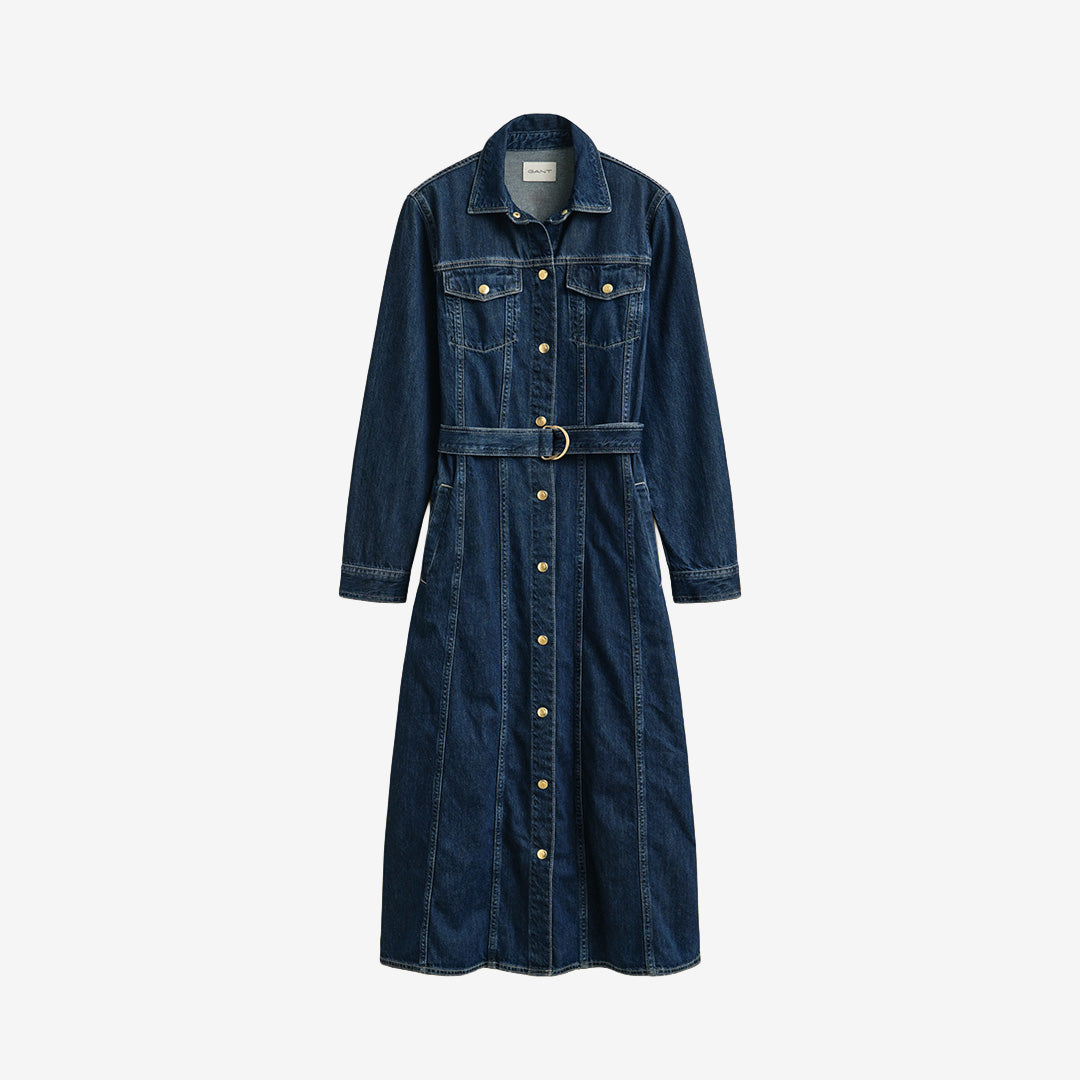 Gant Belted Denim Midi Dress 4503542 i Dark Blue Worn In med bälte och midilängd för dam