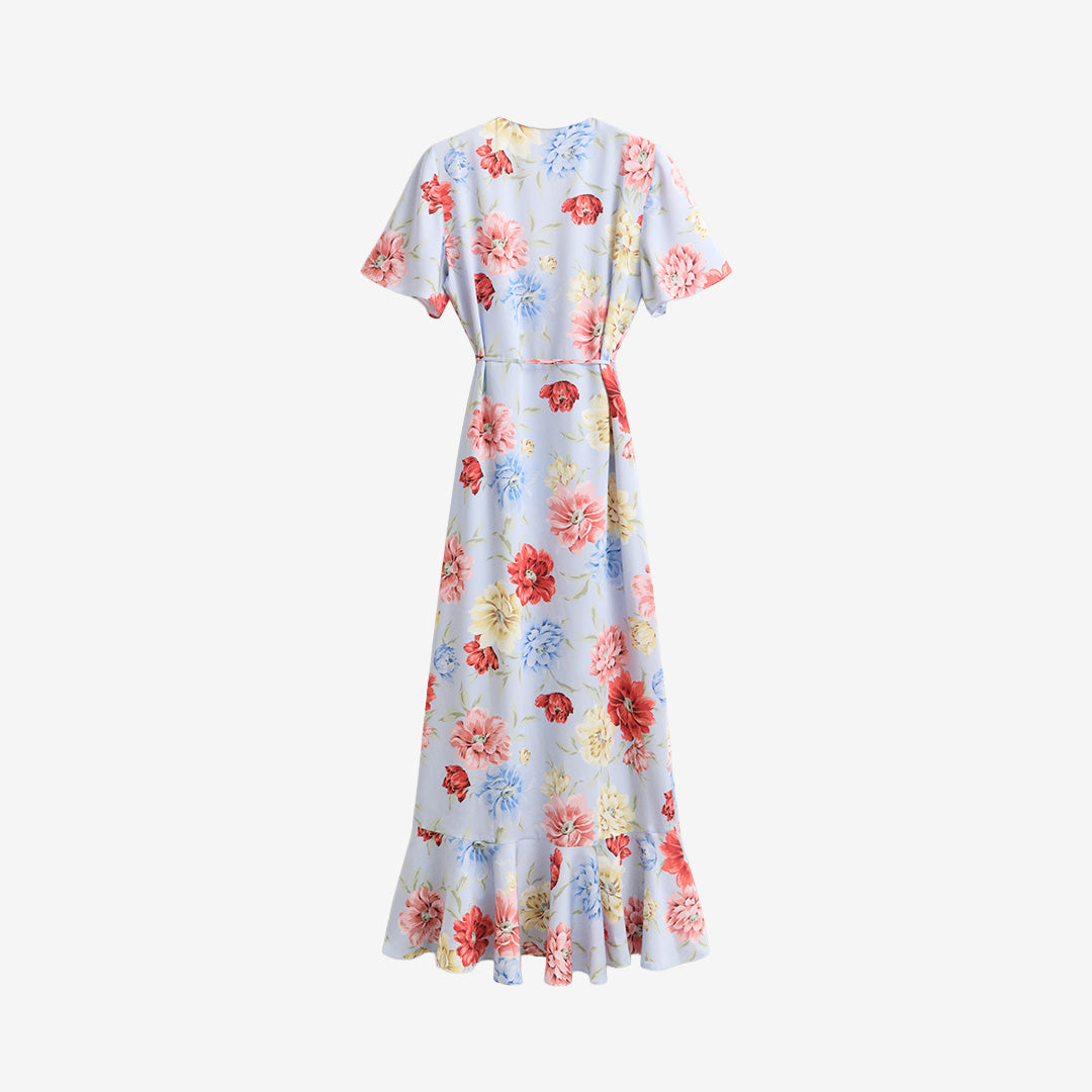 FLORAL PRINT WRAP SS FRILL DRESS