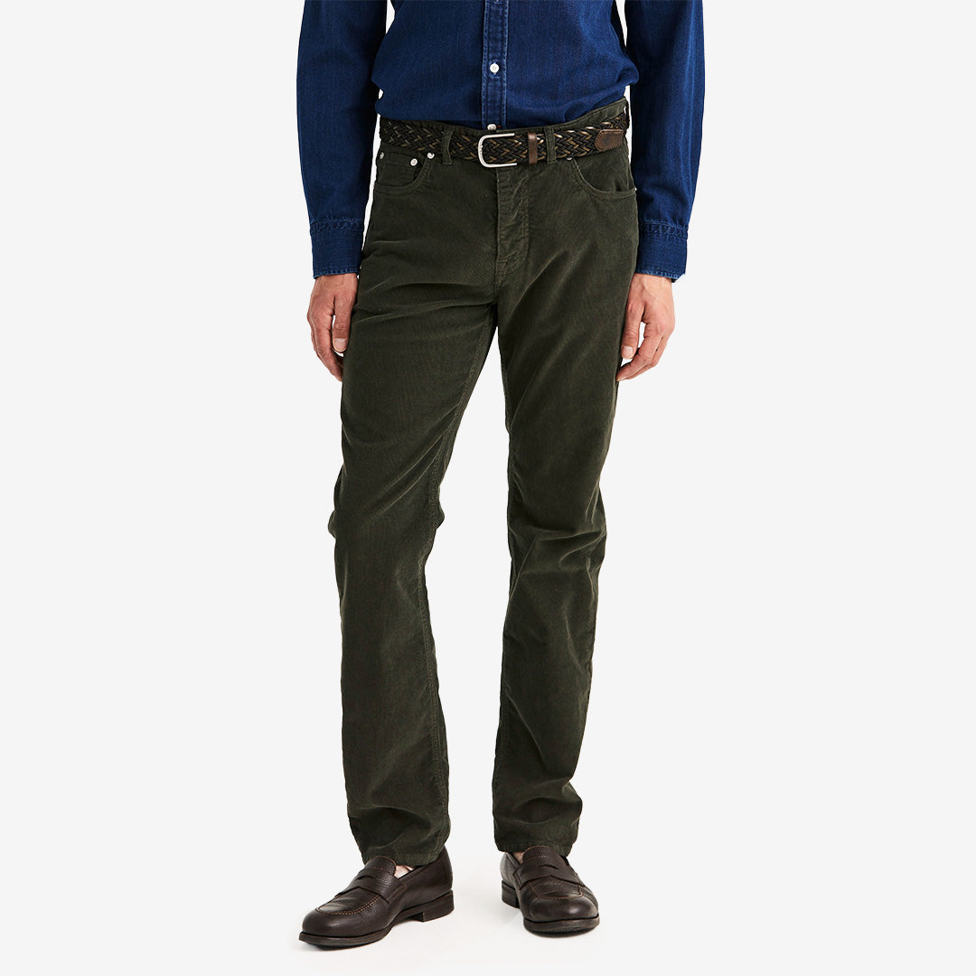 Olivgrön Morris James Cord 5-Pocket manchesterbyxa med fem fickor och stretchmaterial för herr.