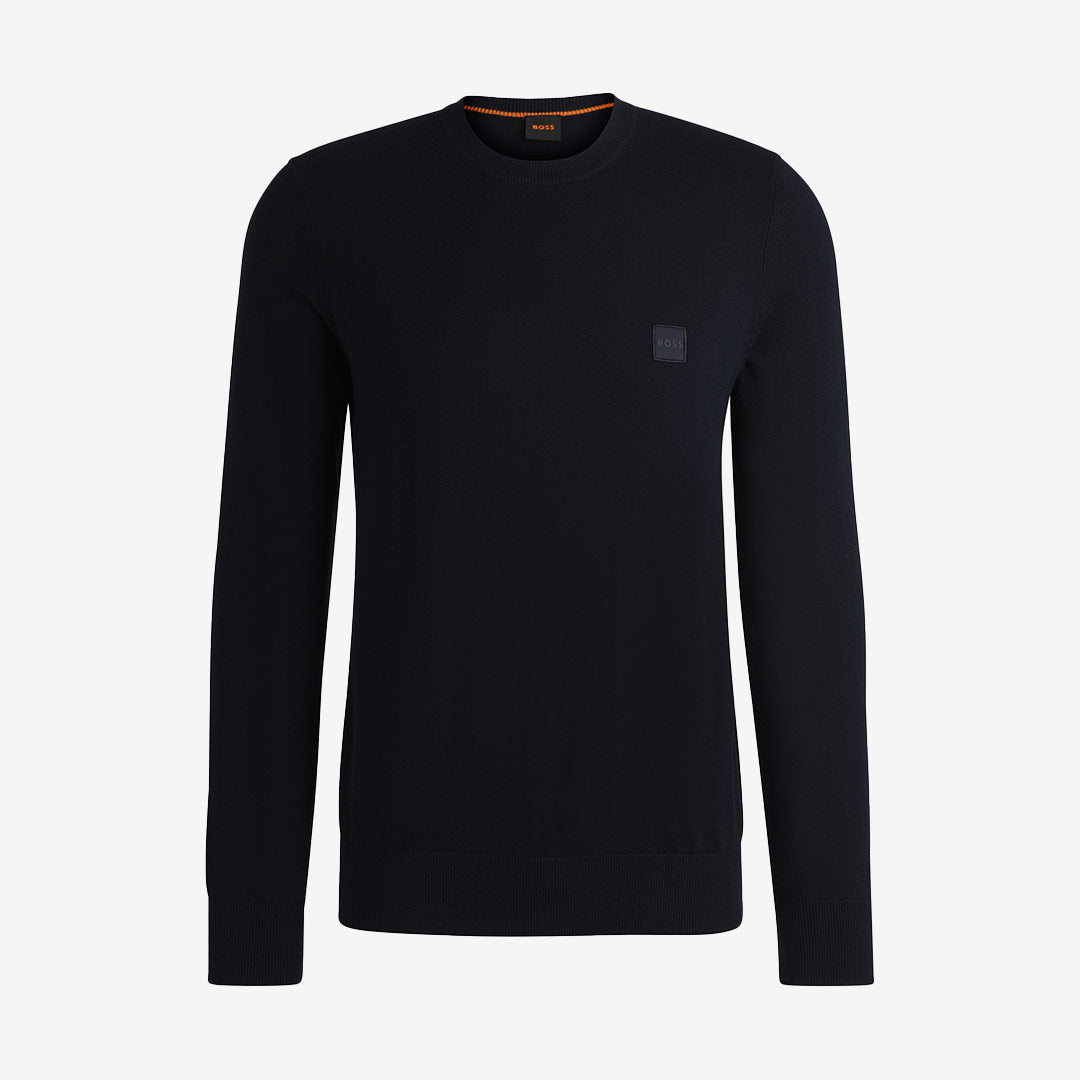 Mörkblå stickad BOSS-tröja Kanovano_S med rund hals och logopatch.