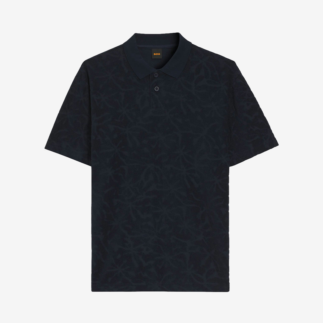 Pe_Flower kortärmad polo från BOSS Men Orange i dark blue med floral jacquard och flat-knit krage