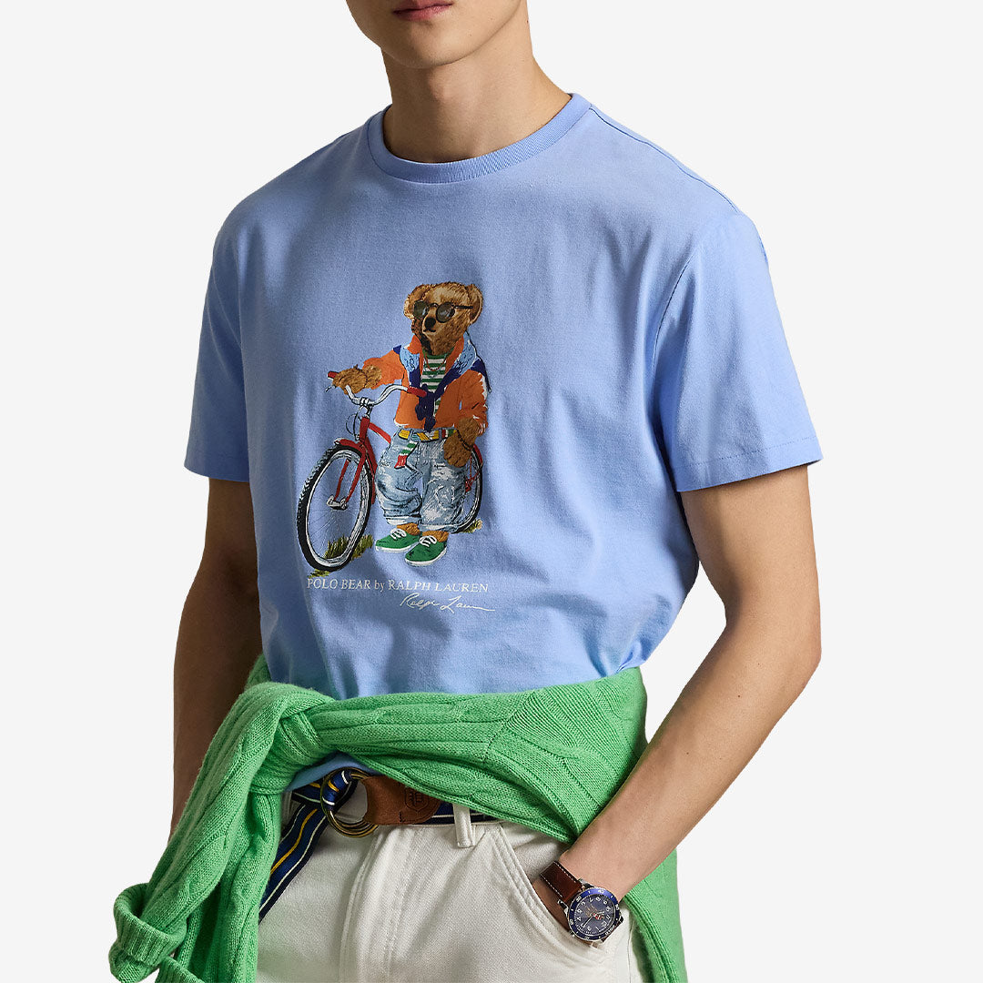 Blå T-shirt från Polo Ralph Lauren med Summer Bear-motiv i mjuk bomull för herr.