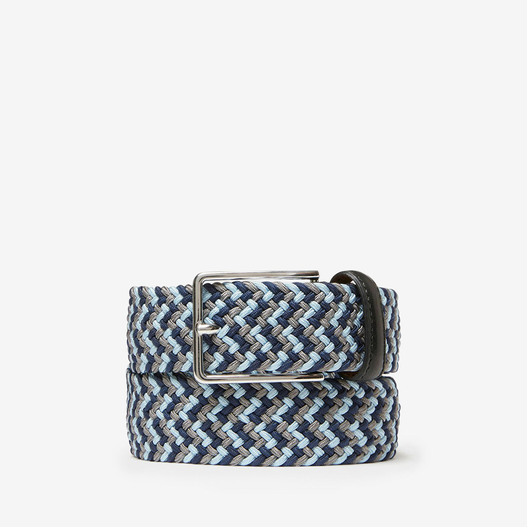 Saddler 78804 Mars textilbälte i navy grey light blue med flätad design och läderdetaljer