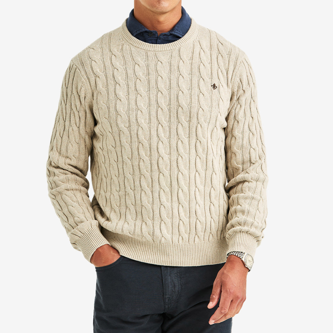 Morris Ethan Cable Oneck långärmad tröja Khaki i 100% bomull med kabelstickning