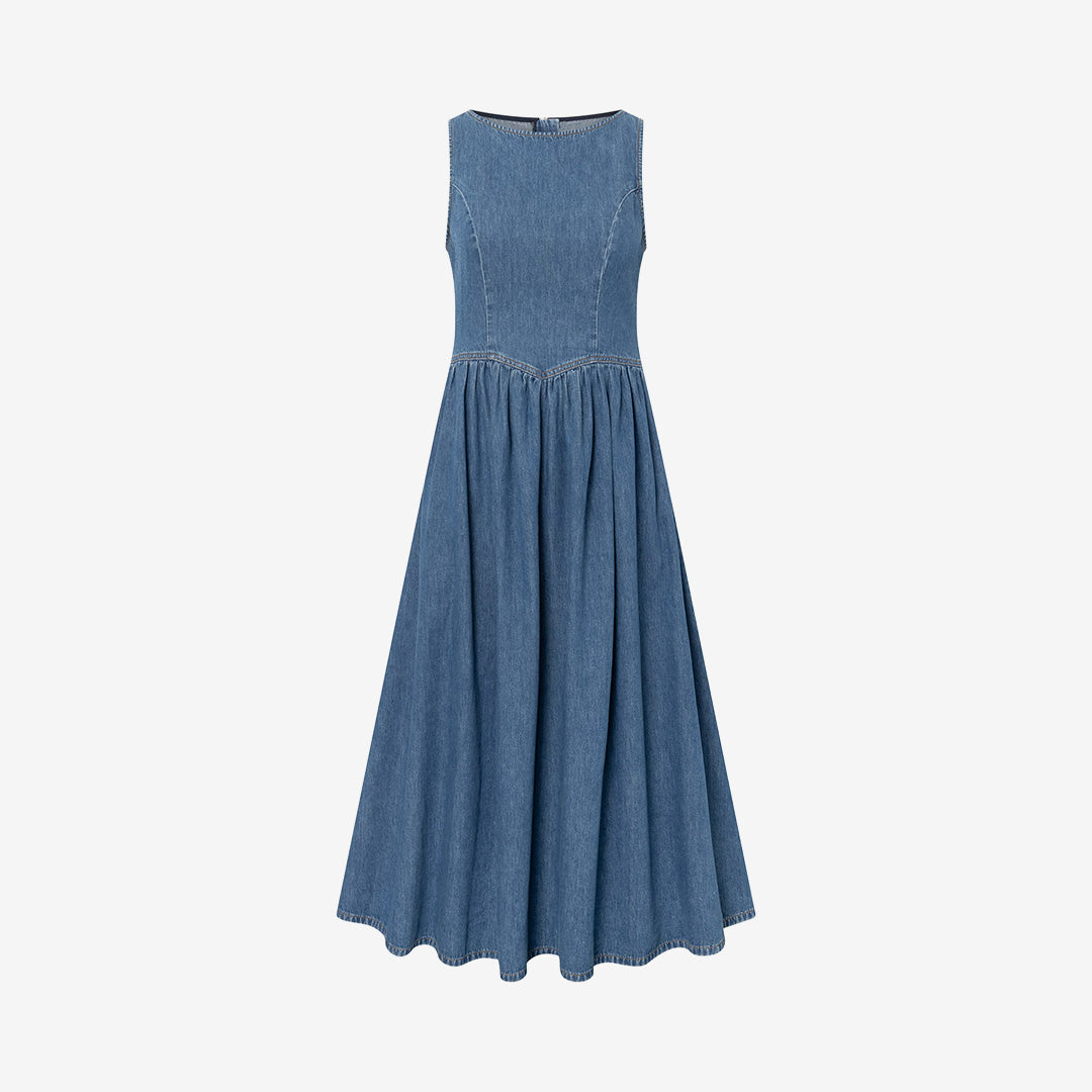 Twist & Tango Raana Denim Dress 923066 i Deep Blue Wash med rund halsringning och midi-längd för dam