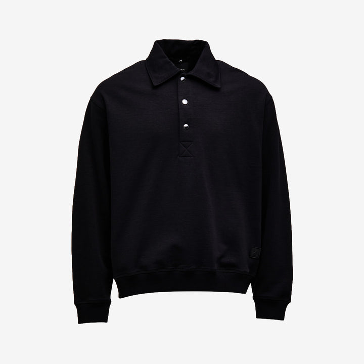Cesar Equipment Cleggan Half Button Sweat Polo Black sweat polo i bomullsblandning med halvknäppning och nylondetaljer