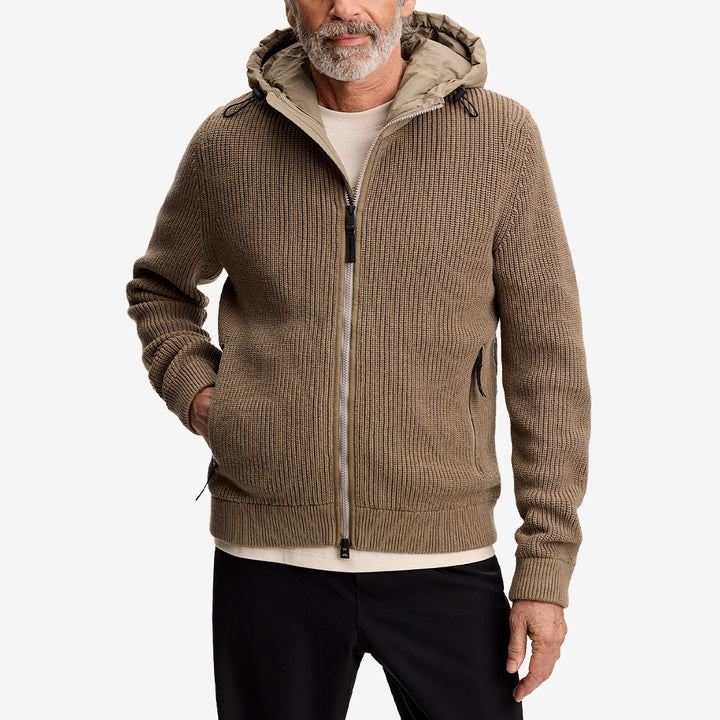 J.Lindeberg Dorin Knit Hood Hybrid Jacket Brindle stickad hybridjacka med huva i bomulls- och ullblandning
