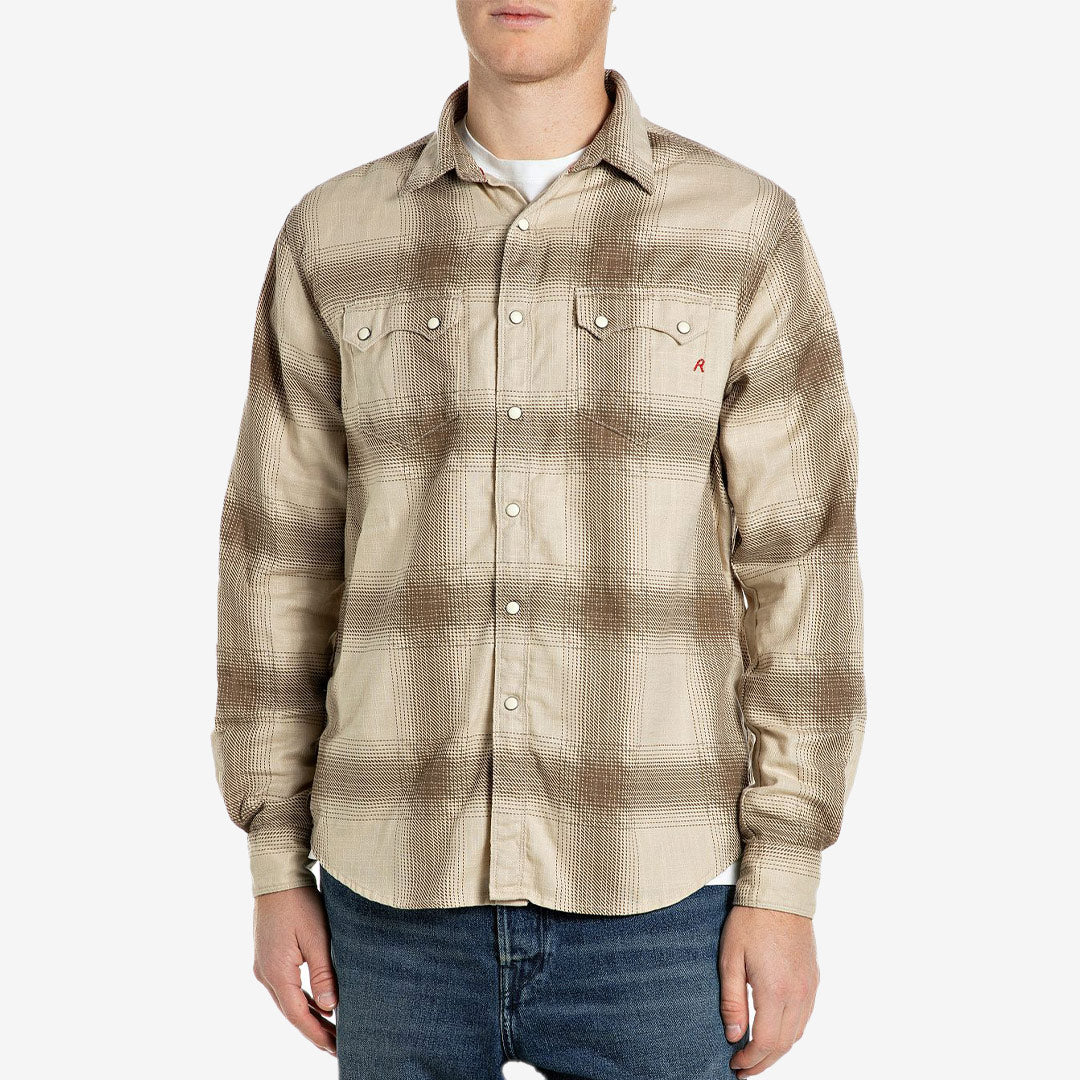 Replay M107F Checked Cotton Dobby Shirt herr Brown Cream Macro Check