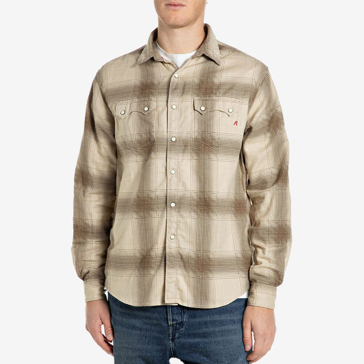 Replay M107F Checked Cotton Dobby Shirt herr Brown Cream Macro Check