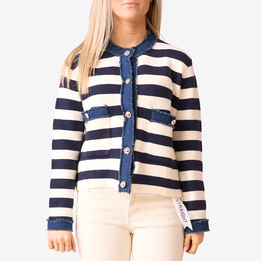 M927 stickad cardigan 110Navy randig med jeansdetaljer