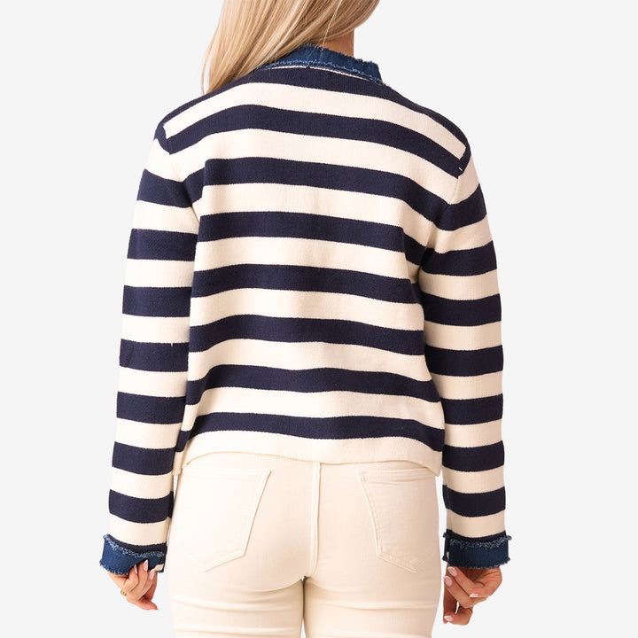 Stickad cardigan randig med jeansdetaljer