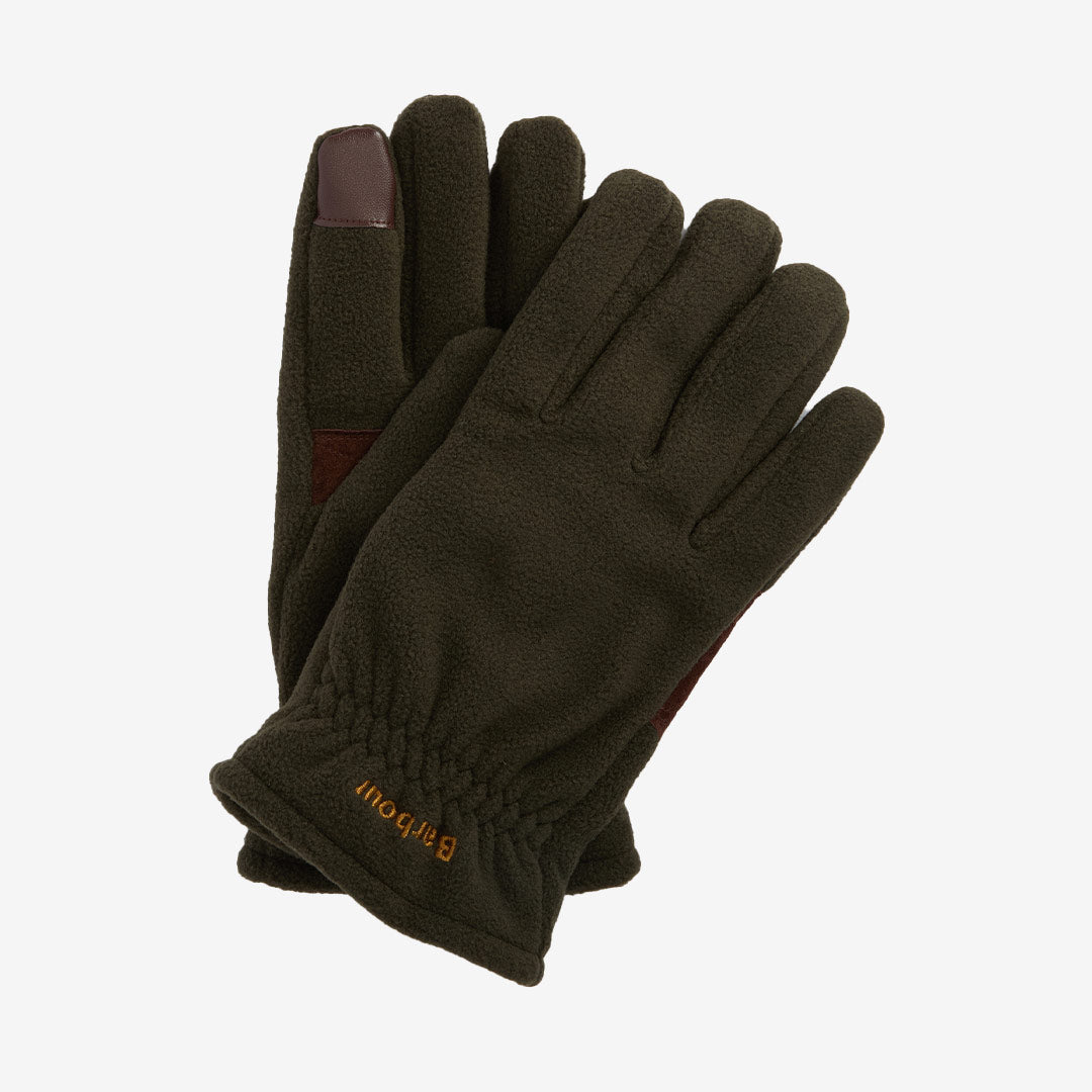 Barbour Coalford Fleece Gloves fleecehandskar i Olive med mjukt foder, elastisk mudd och läderdetaljer.