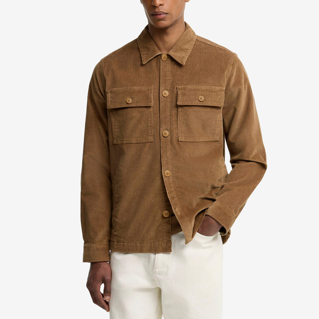 Barbour Tartan Trimmed Cord Overshirt i Sandstone med mjuk manchester, bröstfickor och Tartan-detaljer.