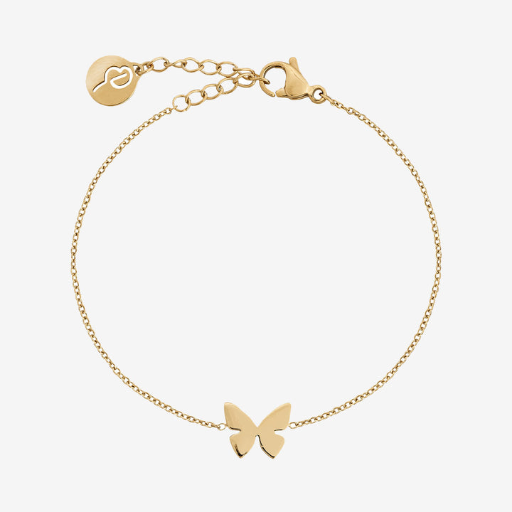 Papillon armband i blank 14k guldplätering med stiliserad fjäril på ankarkedja