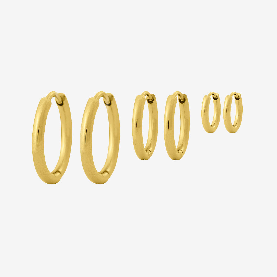 Triple Pair örhängen i blankt rostfritt stål, trepack hoops small 11 mm, medium 13 mm, large 16 mm