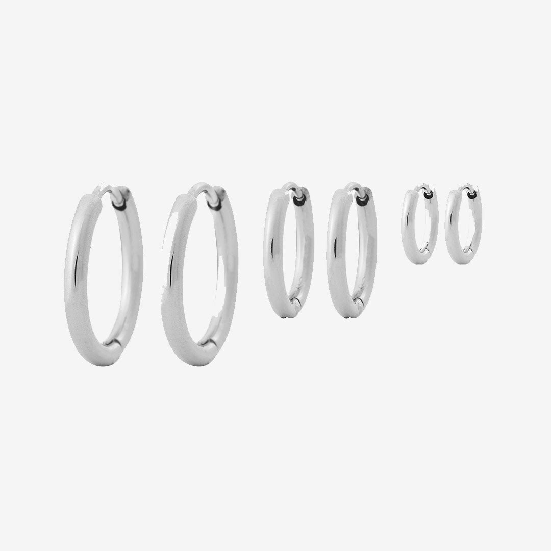 Triple Pair örhängen i blankt rostfritt stål, trepack hoops small 11 mm, medium 13 mm, large 16 mm