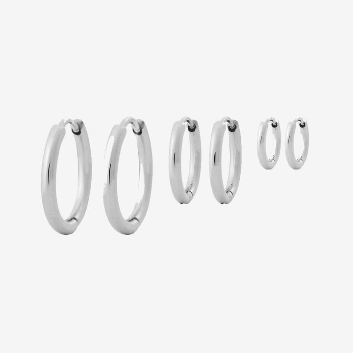 Triple Pair örhängen i blankt rostfritt stål, trepack hoops small 11 mm, medium 13 mm, large 16 mm
