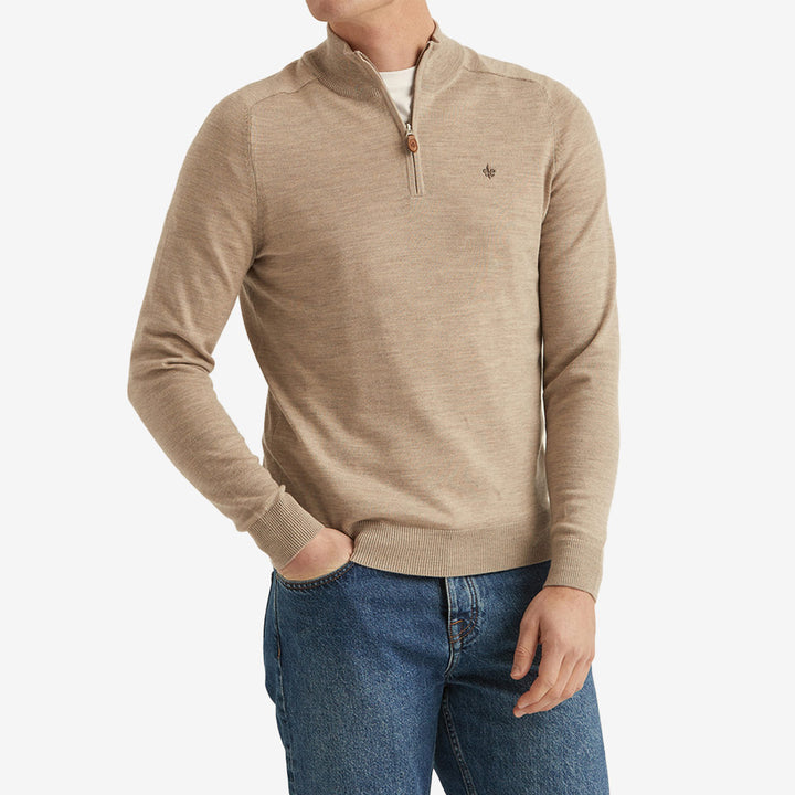 Morris Merino John Zip långärmad tröja Khaki i 100% merinoull