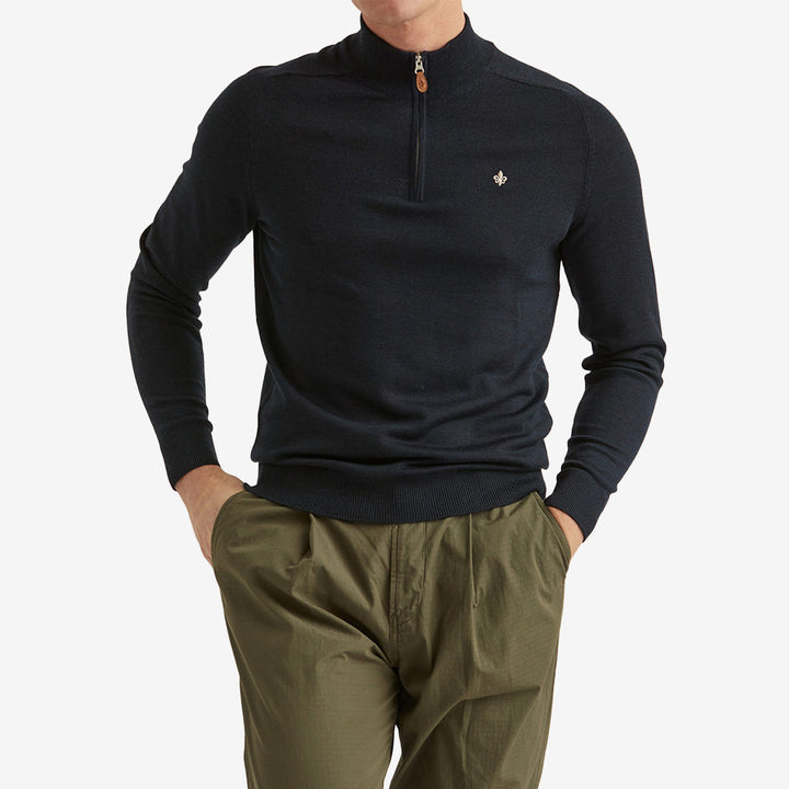 Morris Merino John Zip långärmad tröja Navy i 100% merinoull